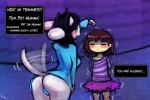 ambiguous_gender anthro black_hair blush bottomwear brown_hair butt clothing dancewear duo eyes_closed female fur hair shaking skirt tail tail_motion tailwag text trembling tutu white_body white_fur young lumineko undertale undertale_(series) frisk_(undertale) temmie_(undertale) human mammal tem 2015 3:2 digital_media_(artwork) english_text