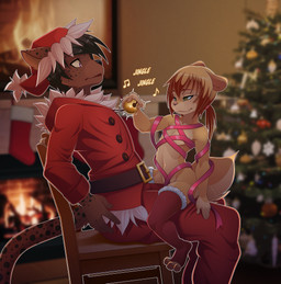 anthro bell chair christmas_clothing christmas_tree clothing dominant dominant_female dominant_young duo female freckled_face freckles furniture holidays inside loli male male/female plant sitting spots submissive submissive_male text tree young b-ern christmas rocketgirl cheetah felid feline mammal 2025 english_text hi_res