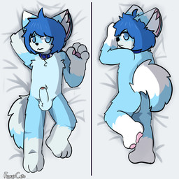 4_fingers anthro ball_tuft balls bed big_penis blue_body blue_eyes blue_fur bulge bulge_from_behind butt chibi collar collar_only dakimakura erection exhibitionism feet fingers foreskin fur furniture genitals hair kemono looking_at_viewer lying lying_on_bed male navel nipples nude on_back on_bed on_front partially_retracted_foreskin pawpads penis shy solo tuft young fluffycato mikey_(mikey_fox) canid canine fox mammal 1:1 dakimakura_design hi_res