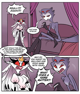 angry anthro bed black_text bored cigarette clothing confrontation crown dress duo female furniture hair headgear long_hair male red_eyes sitting smoking speech_bubble standing text tired yelling madelezabeth hellaverse helluva_boss stella_(helluva_boss) stolas_(helluva_boss) avian bird owl owl_demon comic hi_res