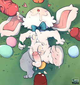 after_oral after_sex anal_oviposition anthro balls blue_bow_tie bodily_fluids bow_tie buckteeth cheek_tuft chest_tuft cum cum_drip cum_on_belly cum_on_body cum_on_face cum_splatter cum_string detailed_background disembodied_penis dripping egg erection facial_tuft floppy_ears front_view fur genital_fluids genitals grass group heart_symbol high-angle_view holding_grass humanoid_genitalia humanoid_penis lying male male/male male_anthro navel nipples nude on_back on_grass on_ground open_mouth outside oviposition penis penis_size_difference plant plantigrade raised_leg size_difference smaller_anthro solo_focus teeth tuft vein veiny_penis white_body white_fur tasma lagomorph leporid mammal rabbit 2025 hi_res