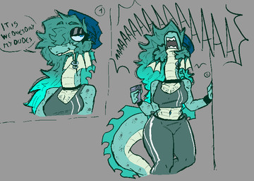 anthro blue_eyes blue_hair breasts clothed clothed_anthro clothed_female clothing dialogue door female fin hair navel non-mammal_breasts piercing simple_background solo speech_bubble teal_body text yelling mik3hawk ness_(mik3hawk) aquatic plesiosaur prehistoric_species reptile scalie colored meme
