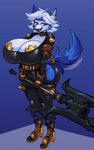 anthro big_breasts big_butt blue_body blue_fur blue_lips blue_nose breasts butt clothing collar ear_piercing ear_ring female fur giant_weapon grey_eyes hair huge_breasts huge_butt hyper hyper_breasts leather leather_clothing lips looking_aside mace melee_weapon piercing ring_piercing simple_background solo weapon white_body white_fur white_hair makozy arc_system_works guilty_gear darbo canid canine canis domestic_dog husky mammal nordic_sled_dog spitz absurd_res hi_res