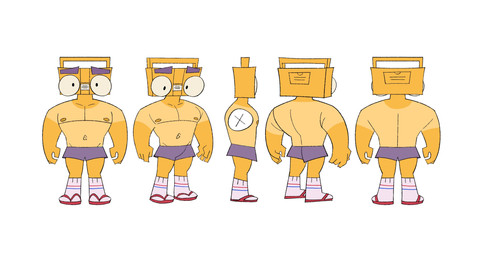 bottomwear cassette_player clothed clothing flip_flops footwear for_a_head hotpants looking_at_viewer male muscular muscular_male not_furry sandals shoes shorts solo topless yellow_body saintlycharles clicker_(short_film) trevor_(clicker) humanoid object_head 2021 absurd_res hi_res model_sheet
