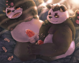 anthro armpit_hair bed belly blush bodily_fluids body_hair bread butt condom cum cum_in_ass cum_inside cum_on_butt duo eyes_closed food furniture genital_fluids male male/male nipples nude one_eye_closed overweight sex sexual_barrier_device bearp_(artist) bear giant_panda mammal 5:4 hi_res