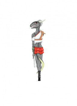 anthro bottomwear clothed clothing feather_hair feathers female grey_body horn open_mouth pseudo_hair rear_view red_eyes simple_background skirt solo tail weapon white_background adm microsoft the_elder_scrolls argonian scalie hi_res traditional_media_(artwork)