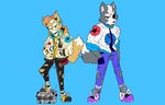 anthro blue_background blue_bottomwear blue_clothing blue_pants bottomwear chain chest_tuft clothing coat dipstick_tail duo earth electronics eye_patch eyewear footwear fur green_eyes grey_body grey_fur hand_in_pocket hat headgear headphones headwear looking_at_viewer male markings moon music_player orange_clothing orange_hat orange_headwear pants planet pockets purple_clothing purple_footwear purple_shoes radio red_eyes shirt shoes simple_background solo standing tail tail_markings tan_body tan_fur topwear torn_bottomwear torn_clothing torn_pants torn_shirt torn_topwear tuft yellow_clothing yellow_footwear yellow_shirt yellow_shoes yellow_topwear ccaimeo nasa nintendo pac-man_(series) star_fox fox_mccloud pac-man wolf_o'donnell canid canine canis fox mammal wolf 2020 hi_res