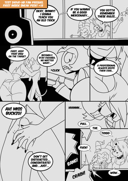 anthro big_breasts breasts bulge bulge_grab detailed_bulge dialogue female gun male ranged_weapon speech_bubble target text weapon kato777 hellaverse helluva_boss mythology loona_(helluva_boss) moxxie_(helluva_boss) canid canid_demon canine demon hellhound imp mammal mythological_canine mythological_creature absurd_res comic english_text hi_res