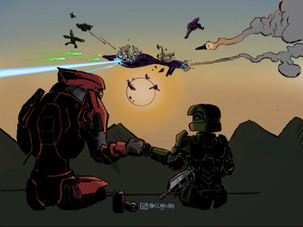 aerial_combat assault_rifle banshee_(halo) beverage_can dogfight duo energy_weapon female female_human fist_bump full_armor gesture grey_body gun larger_humanoid larger_male male male_humanoid ranged_weapon rear_view rifle shootout sitting size_difference smaller_female smaller_human smoke sunset weapon cugu00 halo_(series) microsoft xbox_game_studios alien human humanoid mammal sangheili 4:3 colored hi_res