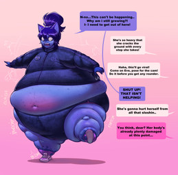 anthro belly belly_expansion big_belly blue_body blue_fur blue_hair blueberry_inflation bottomwear clothed clothing cracks dialogue expansion female footwear fur hair huge_belly hyper hyper_belly inflation midriff motion_lines offscreen_character pink_background ponytail shoes shorts simple_background sneakers solo sound_effects spandex spandex_shorts speech_bubble stained_clothing straining_clothing text thick_thighs thigh_expansion tight_bottomwear tight_clothing tight_shorts track_jacket walking yellow_eyes locksnurf evelyn_(locksnurf) domestic_cat felid feline felis mammal 2025 english_text hi_res
