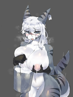 anthro big_breasts blush bodily_fluids breast_grab breast_squish breasts clothing female genital_fluids genitals gloves hand_on_breast handwear holding_breast huge_breasts lactating leaking leaking_vagina milk nipple_fetish nipple_pinch nipple_play nipples non-mammal_breasts non-mammal_nipples nude open_mouth pinch pussy_juice_leaking simple_background solo squish stripes tail tongue tongue_out vaginal vaginal_fluids white_body unknown_artist changed_(video_game) tiger_shark_(changed) animal_humanoid fish fish_humanoid goo_creature humanoid mammal marine marine_humanoid shark shark_humanoid 3:4 absurd_res digital_media_(artwork) hi_res