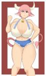 big_breasts blue_eyes bottomwear breasts broken_horn cleavage clothed clothing cowbell female fist hair hand_on_hip horn huge_breasts navel pink_hair raised_arm raised_fist raised_hand shorts solo tight_clothing redx331 animal_humanoid bovid bovid_humanoid bovine bovine_humanoid cattle_humanoid humanoid mammal mammal_humanoid 2015 hi_res