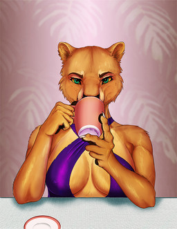 anthro breasts clothed clothing container cup dress drinking female furniture green_eyes looking_at_viewer mug muscular muscular_anthro muscular_female nipple_outline solo table ricsimane felid lion mammal pantherine
