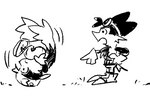 anthro beady_eyes black_eyes boots clothing duo eyewear footwear gloves goggles handwear hat headgear headwear long_ears male parody rolling shoes simple_background style_emulation yelling anonymous_artist 4chan bandai_namco klonoa_(series) peanuts_(comic) guntz klonoa canid canine canis domestic_cat felid feline felis mammal wolf 2022 3:2 black_and_white hi_res monochrome sketch