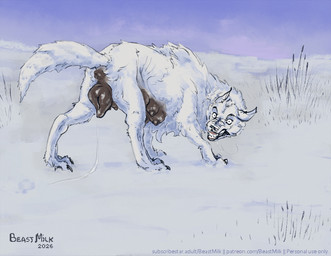 animal_genitalia animal_vulva big_vulva breasts canine_genitalia canine_vulva female feral genitals looking_at_viewer multi_breast plump_labia snarling snow teeth text vulva winter beastmilk canid canine canis mammal wolf english_text url