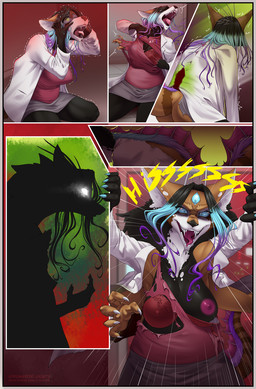 clothing coat female hair lab_coat laboratory long_hair multi_eye mutated open_mouth ripping_clothing topwear transformation transformation_sequence erunroe ailurid mammal red_panda 2025 comic hi_res
