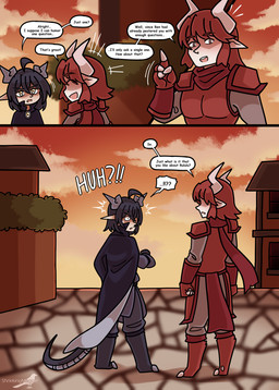 clawed_hands clothing dark_hair dialogue hair horn male monster_girl_(genre) outside pointy_ears red_eyes red_hair simple_background text yellow_eyes shriekingmagpie horned_humanoid humanoid comic digital_media_(artwork) english_text hi_res