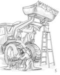 anthro clothed clothing construction_equipment construction_vehicle dipstick_ears ear_markings face_shield ladder loader male mask multicolored_ears solo vehicle welding welding_mask wheel_loader flinters rufus_black kangaroo macropod mammal marsupial 2022 4:5 greyscale hi_res monochrome