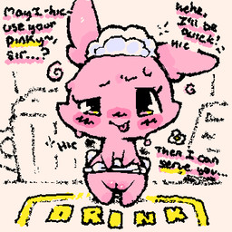 anthro apron apron_lift biped black_text blep blush bodily_fluids chibi clothed clothing clothing_lift dialogue drunk ellipsis eyebrows eyelashes featureless_feet featureless_hands feet female female_anthro front_view genitals hiccuping looking_at_viewer maid_headdress partially_clothed_anthro partially_clothed_female pink_body pink_tongue presenting presenting_vulva questioning_ellipsis raised_eyebrow simple_background solo squigglevision standing substance_intoxication sweat talking_to_viewer tan_background text tongue tongue_out vulva ligma_(artist) ha-sha lagomorph leporid mammal rabbit 1:1 2026 animated digital_drawing_(artwork) digital_media_(artwork) english_text handwritten_text hi_res wigglypaint_(artwork)