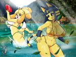 anthro big_breasts big_butt bikini blue_eyes blush breasts butt butt_cleavage clothed clothing duo egyptian female frisbee fur grey_eyes hair holding_object lake light looking_back open_mouth outside plant sunlight swimwear teeth thick_thighs tongue tree two-piece_swimsuit wide_hips yellow_body yellow_fur halotroll animal_crossing nintendo ankha_(animal_crossing) isabelle_(animal_crossing) canid canine canis domestic_cat domestic_dog felid feline felis mammal shih_tzu toy_dog