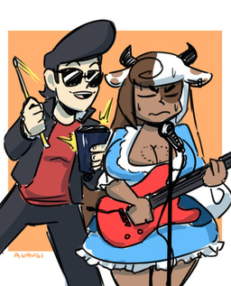annoyed big_breasts black_hair bodily_fluids breasts brown_hair cleavage clothed clothing cowbell dark_body dark_skin dress drumming_stick duo electric_guitar electronics eyes_closed eyewear female guitar hair holding_musical_instrument holding_object horn male microphone monster_girl_(genre) multicolored_hair musical_instrument parody percussion_mallet playing_guitar playing_music plucked_string_instrument pompadour string_instrument sunglasses sweat two_tone_hair white_hair wide_hips anaugi monster_girl_gamu butch_(monster_girl_gamu) klara_(monster_girl_gamu) animal_humanoid bovid bovid_humanoid bovine bovine_humanoid cattle_humanoid human humanoid mammal mammal_humanoid absurd_res hi_res