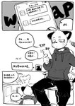 2021 anthro bottomwear chinese_text clothed clothing comic cougar dialogue duo electronics felid feline hajime_tanaka_(odd_taxi) holding_object holding_phone hoodie kemono male mammal milkybot monochrome odd_taxi pants phone solo text topwear translated