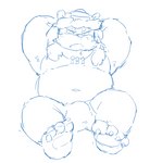 anthro belly bulge clothing hat headgear headwear kemono male navel overweight overweight_male simple_background sitting solo underwear white_background flappydog gunfire_reborn lei_luo_(gunfire_reborn) felid mammal pantherine tiger 2021 blue_and_white monochrome sketch