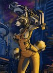 2019 anthro black_nipples black_nose breasts brown_eyes camel_toe city claws clothed clothing crossgender female guardians_of_the_galaxy gun hi_res holding_object jumpsuit lord_magicpants mammal marvel mtf_crossgender nipples partially_clothed procyonid raccoon ranged_weapon rocket_raccoon sky smile solo standing star starry_sky tight_clothing torn_clothing weapon whiskers