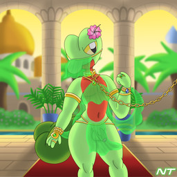2_tails anthro anthrofied armlet backlighting belly belly_dancer belly_dancer_outfit bottomwear bracelet carpet clothing collar face_veil femboy genitals gold_(metal) gold_bracelet gold_collar gold_jewelry gold_leash green_body half-closed_eyes harem_boy harem_jewelry harem_outfit harem_veil head_flower humanoid_genitalia humanoid_penis ineffective_clothing jewelry leash leashed_collar light loincloth male metal_collar middle_eastern_architecture middle_eastern_clothing multi_tail narrowed_eyes palace palm_tree penis pillar plant pokemorph red_belly ring silk silk_clothing solo tail translucent translucent_clothing tree veil yellow_eyes ninjatreecko nintendo pokemon fan_character fern_shinamori generation_3_pokemon pokemon_(species) reptile scalie treecko 1:1 hi_res lighting