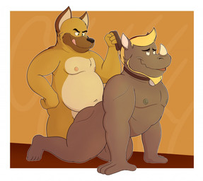 all_fours anal anthro beard belly black_nose blonde_hair brown_body brown_fur collar collar_only duo facial_hair fur hair horn leash leash_pull male male/male moobs nipples nude overweight overweight_male sex tongue tongue_out calzone_(artist) canid canine canis domestic_dog german_shepherd herding_dog mammal pastoral_dog rhinoceros 2018