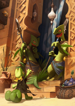 ambiguous_gender anthro belue_berry biped bipedal_feral building desert detailed_background eye_contact feral food fruit green_body light_fixture looking_at_another melee_weapon middle_eastern_architecture middle_eastern_clothing outside plant pokemon_berry polearm semi-anthro spear weapon yellow_sclera spacejunk nintendo pokemon pokemon_mystery_dungeon spike_chunsoft generation_3_pokemon generation_5_pokemon joltik pokemon_(species) sceptile treecko 2025 absurd_res hi_res