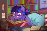 book chopsticks chopsticks_in_hair eyewear female fur glasses hair hair_bun inside loose_feather pillow purple_body purple_eyes purple_fur purple_hair quill solo dragonfoxgirl friendship_is_magic hasbro my_little_pony twilight_sparkle_(mlp) equid equine horse mammal pony absurd_res hi_res