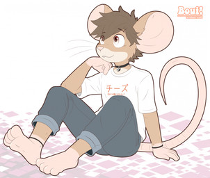 ambiguous_gender anklet anthro big_ears bracelet buckteeth choker jewelry necklace no_shoes shoeless sitting solo teeth text boui mammal mouse murid murine rodent hi_res japanese_text