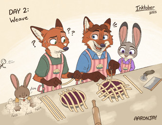 4_fingers ambiguous_anthro ambiguous_gender anthro apron black_nose bodily_fluids brown_body brown_fur brown_hair clothed clothed_anthro clothed_female clothed_male clothing confusion count day_count female female_anthro fingers flour food fur gloves_(marking) grey_body grey_fur group hair humanoid_hands larger_anthro larger_female larger_male male male_anthro markings pastry pie pink_nose red_body red_fur rolling_pin size_difference smaller_ambiguous smaller_anthro smaller_female sweat sweatdrop tongue tongue_out white_body white_fur young young_ambiguous young_anthro aar0njay disney inktober inktober_2025 zootopia gideon_grey judy_hopps nick_wilde canid canine european_rabbit fox lagomorph leporid mammal oryctolagus rabbit red_fox true_fox 2025