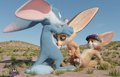 3_toes 4_fingers anal anal_penetration animal_genitalia anthro balls big_ears black_nose blue_body blue_eyes blue_fur blue_sky bodily_fluids canine_genitalia countershading cum cum_stream desert ejaculation erection feet fingers fur genital_fluids genitals group group_sex holding_head huge_ears knot knotted_penis looking_at_another looking_at_partner male male/male masturbation nude oral oral_penetration orange_eyes outside outside_sex pawpads penetration penis pink_nose pink_penis sex short_male sitting sky smile standing tan_body tan_fur text threesome toes trio visor whiskers rasterraccoon bilby_(dreamworks) disney dreamworks larrikins mobile_legends zootopia chip_(disney) finnick_(zootopia) perry_(bilby) bandicoot bilby canid canine fennec_fox fox mammal marsupial true_fox 3d_(artwork) absurd_res blender_(artwork) blender_cycles_(artwork) crossover digital_media_(artwork) english_text hi_res watermark