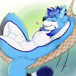 animal_genitalia anthro blue_body blue_fur blue_hair eyes_closed fur genitals hair hands_behind_head heart_symbol lying male motion_lines nude on_back open_mouth relaxing sheath side_view simple_background smile snout solo tail teeth white_body white_fur kwik_(artist) canid canine mammal 1:1 2024 colored colored_sketch digital_drawing_(artwork) digital_media_(artwork) hi_res shaded sketch