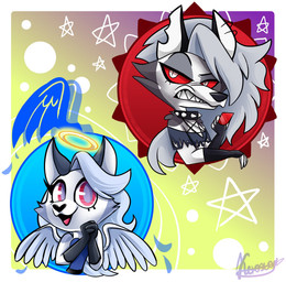 anthro back_wings black_nose cellphone clothing collar dress duo ear_piercing ear_ring electronics feathered_wings feathers female fingerless_gloves fur gloves grey_body grey_fur halo hands_together handwear looking_at_viewer occult_symbol pentagram phone piercing red_eyes red_sclera ring_piercing smartphone smile snarling spiked_collar spikes symbol text white_body white_eyes white_fur wings young img_wolf hellaverse helluva_boss mythology loona_(helluva_boss) angel canid canid_angel canid_demon canine cherub demon hellhound mammal mythological_canine mythological_creature colored cyrillic_text hi_res signature
