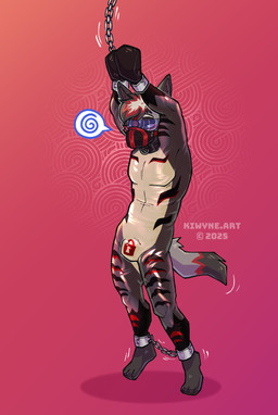 abstract_background ankles_tied anthro black_hair blue_eyes bondage_gear bondage_gloves bound chastity_bulge chastity_device clothing eyewear goggles hair hands_tied handwear hypnosis latex latex_clothing latex_skinsuit lock_bulge lock_symbol male mind_control multicolored_hair narrowed_eyes null_bulge red_hair skinsuit solo standing text tight_clothing wearing_chastity_device white_hair kiwyne 2025 artist_name dated hi_res
