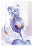 accessory blue_eyes border bra breasts cleavage clothed clothing eyelashes female front_view furgonomics hair horn humanoid_pointy_ears jewelry lips not_furry pointy_ears purple_body purple_clothing purple_lips purple_skin ring sitting solo tail tail_accessory tail_jewelry tail_ring text underwear white_border white_hair window menhou blizzard_entertainment warcraft yrel draenei horned_humanoid humanoid tailed_humanoid absurd_res english_text hi_res portrait three-quarter_portrait