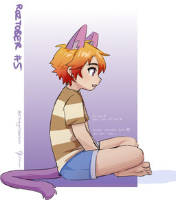 anthro bottomwear clothing crossed_legs dialogue fur hair human_and_animal_ears kemono male multi_ear open_mouth orange_hair pattern_clothing pattern_shirt pattern_topwear purple_body purple_eyes purple_fur purple_tail shirt shorts side_view simple_background singing sitting solo striped_clothing striped_shirt striped_topwear stripes t-shirt tail text topwear young young_male strayrozerem roze_(strayrozerem) animal_humanoid cat_humanoid domestic_cat felid felid_humanoid feline feline_humanoid felis humanoid mammal mammal_humanoid 2025 english_text hi_res
