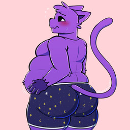 anthro arm_tuft belly belly_grab big_butt black_nose black_sclera blush bodily_fluids butt clothing embarrassed fur head_tuft jewelry long_tail looking_at_self looking_back looking_down male moobs necklace overweight pattern_clothing pattern_underwear pupils purple_belly purple_body purple_ears purple_fur simple_background solo sweat sweatdrop tail thick_thighs tuft underwear weight_conscious white_pupils an0malyz3r0 mob_entertainment poppy_playtime smiling_critters catnap_(poppy_playtime) domestic_cat felid feline felis mammal 1:1 hi_res shaded simple_shading