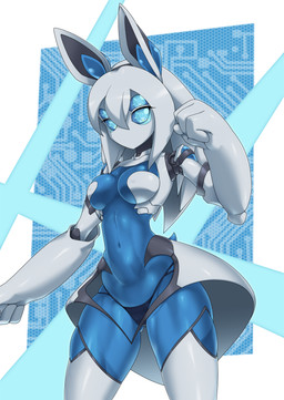 4_eyes 4_fingers abs abstract_background big_hands blue_body blue_eyes blue_sclera blue_skin breasts clothed clothing female fingers front_view grey_ears looking_at_viewer machine mouthless multi_eye multicolored_body multicolored_skin navel nipple_outline not_furry pseudo_hair slim small_breasts solo standing white_body white_skin yuuyatails una_(pochincoff) android humanoid robot robot_humanoid absurd_res digital_media_(artwork) hi_res