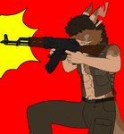 ak-47 ak_platform anthro assault_rifle cigarette gun male military ranged_weapon rifle smoking smoking_cigarette solo weapon gamekun canid canine canis coyote hybrid kangaroo macropod mammal marsupial adversarial_noise hi_res