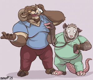 5_fingers anthro blue_clothing blue_shirt blue_topwear bottomwear brown_body brown_fur cellphone clock clothing doctor duo electronics fingers fur grey_body grey_fur hooves horizontal_pupils horn larger_male male male/male medical_instrument muscular muscular_anthro muscular_male open_mouth pants phone phone_call pink_background pupils red_bottomwear red_clothing red_pants scientific_instrument scrubs shirt simple_background size_difference slightly_chubby slightly_chubby_anthro slightly_chubby_male smaller_male smartphone stethoscope tail tan_body tan_fur teeth topwear watch white_body white_fur nanoff diego_(nanoff) manuel_(nanoff) american_opossum bighorn_sheep bovid caprine mammal marsupial sheep 2025 english_description hi_res