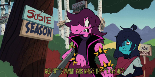 anthro armband caption clothed clothing detailed_background dialogue duo female forest gun hair humor long_hair male outside plant profanity purple_body ranged_weapon shrub sign sky spiked_armband spikes text tree weapon ninejokes deltarune kris_where_are_we looney_tunes undertale_(series) warner_brothers kris_dreemurr susie_(deltarune) dinosaur human mammal prehistoric_species reptile scalie 2021 english_text hi_res meme
