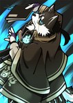 anthro black_clothing black_sclera blue_eyes book clothing eyewear fur glasses high-angle_view male multicolored_body multicolored_fur robe solo kakeroid lifewonders tokyo_afterschool_summoners masanori_(tas) canid canine canis domestic_dog mammal hi_res