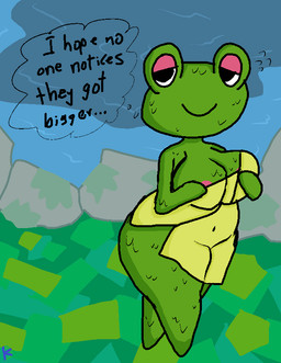 anthro bedroom_eyes big_breasts biped black_eyes bodily_fluids breasts featureless_feet featureless_hands feet female flying_sweatdrops grass green_body green_skin half-closed_eyes looking_away narrowed_eyes nipple_slip nipples non-mammal_breasts outside pink_nipples plant seductive shadow smile solo standing sweat sweatdrop text thick_thighs thought_bubble towel towel_only water wet wide_hips klutzatdusk animal_crossing nintendo emerald_(animal_crossing) amphibian frog 2017 aliasing digital_drawing_(artwork) digital_media_(artwork) english_text full-length_portrait green_theme portrait