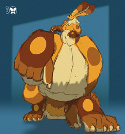 5_fingers 5_toes belly blue_background cheek_tuft claws countershade_arms countershade_belly countershade_hands countershading facial_tuft feet fingers fluffy fluffy_tail front_view fur fur_markings large_lower_body long_ears long_tail looking_away looking_back low-angle_view male markings musclegut muscular neck_tuft nude paws raised_paw shadow simple_background small_upper_body solo spots standing striped_markings striped_tail stripes tail tail_markings toes tuft quotethequiet quote_(quotethequiet) ailurid hare hybrid lagomorph leporid mammal red_panda taur 2025 colored_sketch hi_res shaded signature sketch