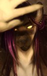 anthro female hair purple_hair solo yellow_eyes sunnyowi lucius_(sunniowi) canid mammal 2021 digital_media_(artwork) headshot_portrait hi_res portrait