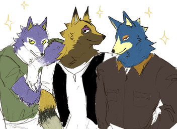 anthro athletic athletic_anthro athletic_male aviator_jacket biped blue_body blue_fur bottomwear brown_body brown_countershading brown_fur cheek_tuft clothed clothed_anthro clothed_male clothing countershading elbow_on_shoulder eyeshadow facial_tuft front_view fully_clothed fully_clothed_anthro fully_clothed_male fur fur_tuft group half-closed_eyes hand_in_pocket head_tuft looking_aside looking_at_viewer makeup male male_anthro multicolored_body multicolored_fur narrowed_eyes orange_eyeshadow pants pockets pose purple_body purple_eyeshadow purple_fur shirt simple_background slight_smile sparkles topwear trio tuft two_tone_body two_tone_fur vest white_background white_body white_countershading white_fur yellow_body yellow_fur yellow_sclera pegu2726 animal_crossing nintendo kyle_(animal_crossing) lobo_(animal_crossing) wolfgang_(animal_crossing) canid canine canis mammal wolf 2026 digital_drawing_(artwork) digital_media_(artwork) flat_colors hi_res